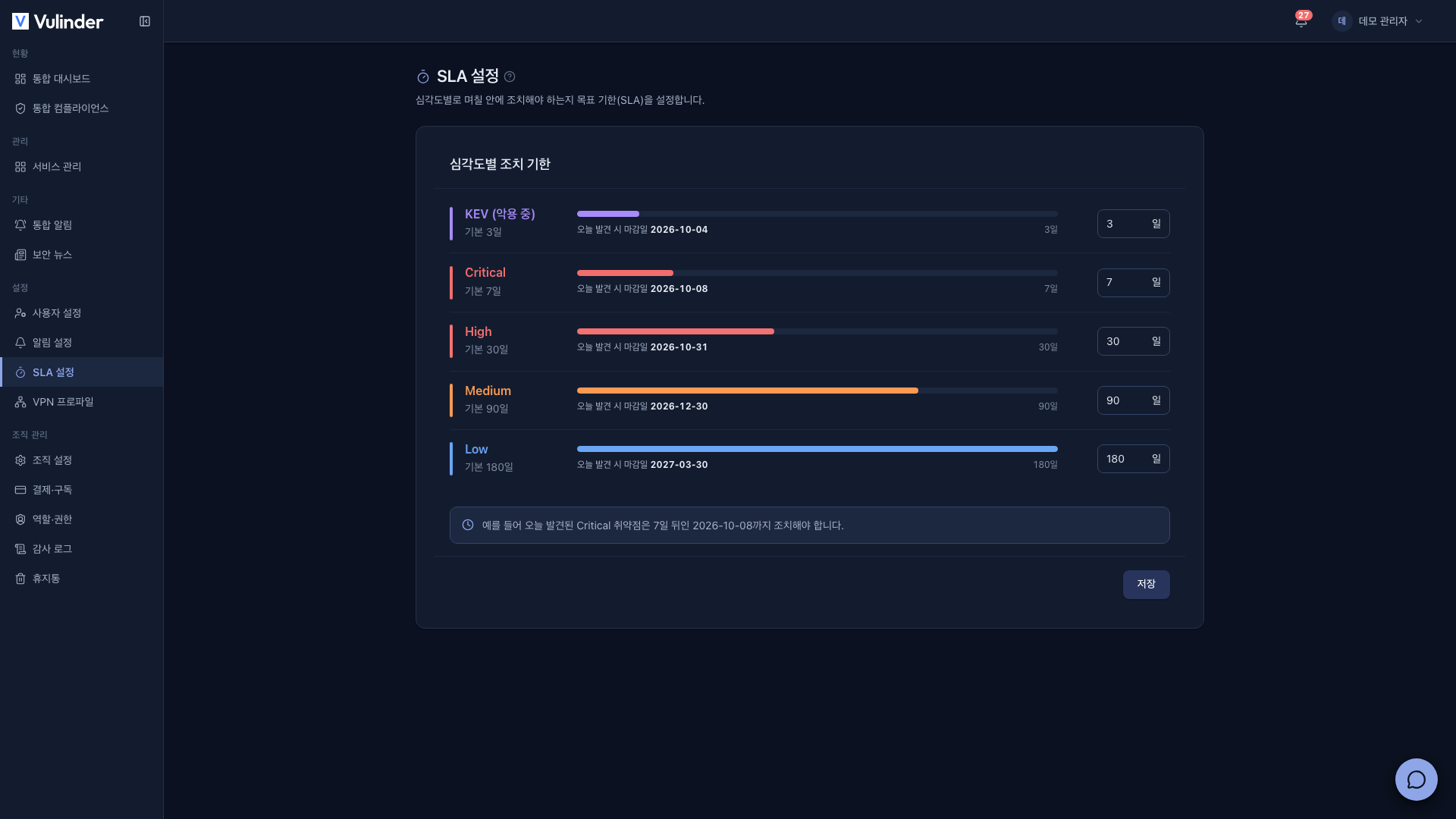 SLA settings screen