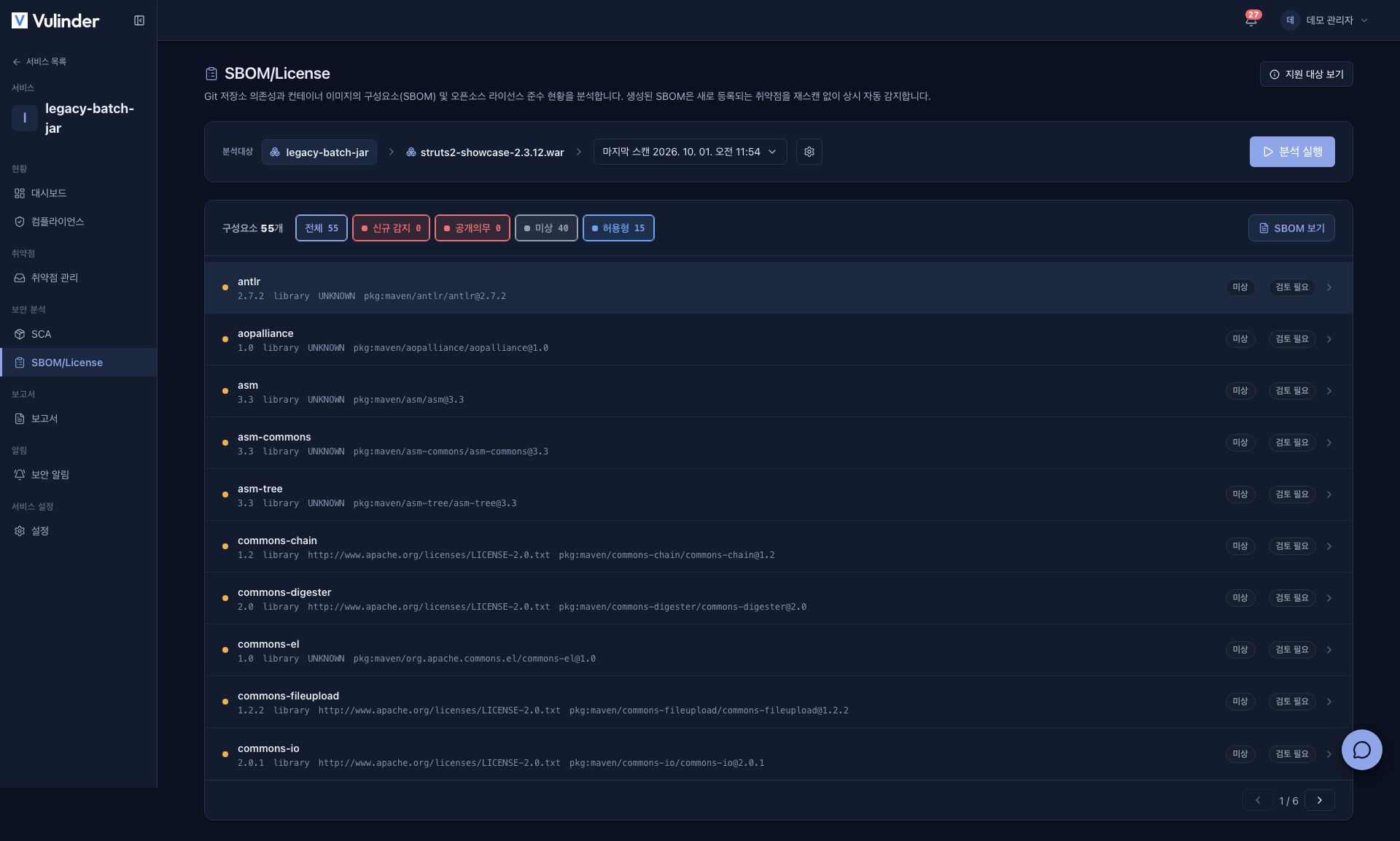 SBOM tab: component list